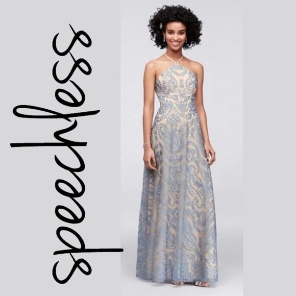 Speechless Cream & Blue Formal Halter Top Dress - Picture 1 of 13